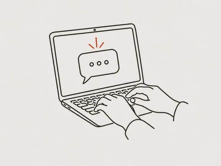 Illustration: Hände am Laptop mit Chat-Sprechblase